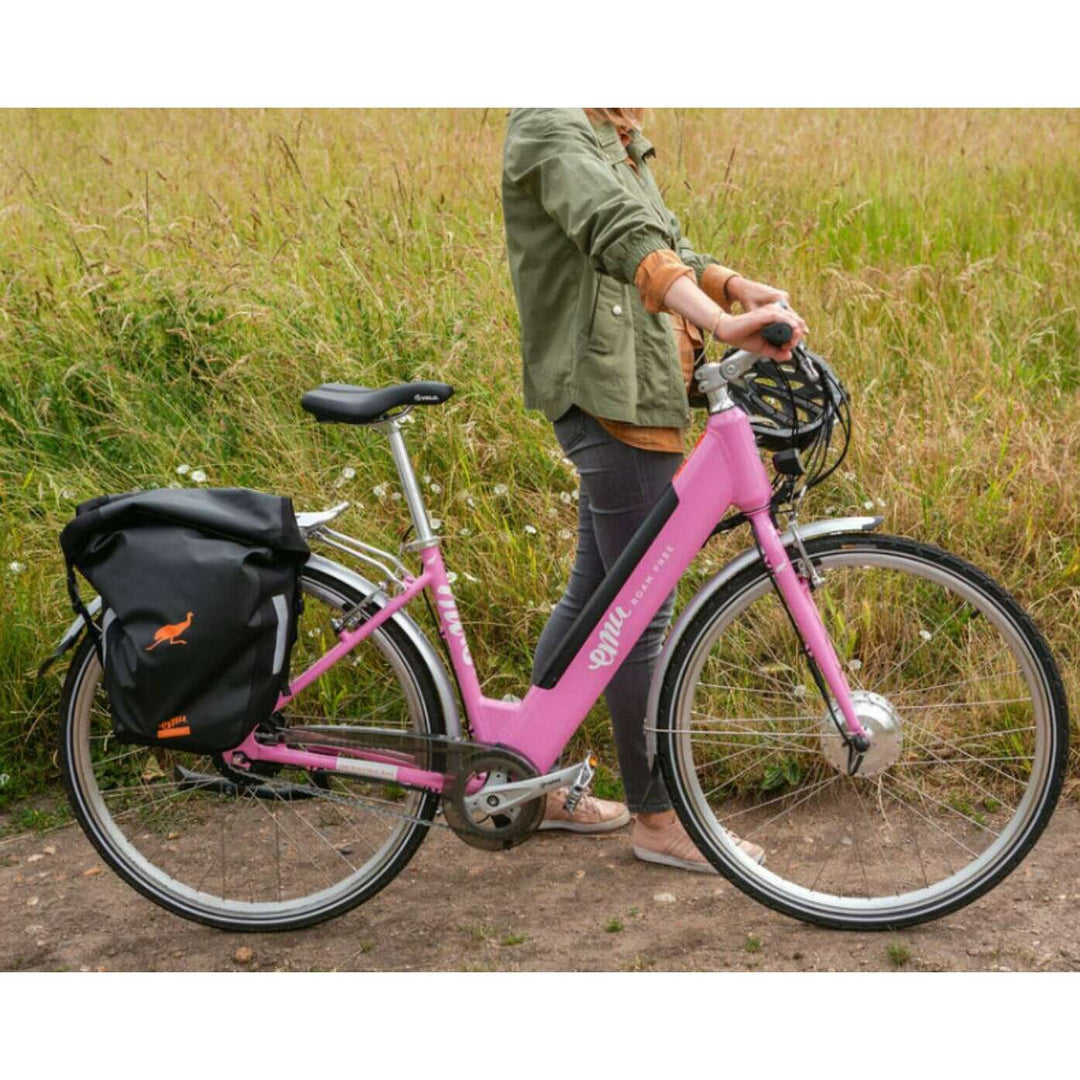 Emu Classic Step Through eBike 250W in pink with a bag on rear rack