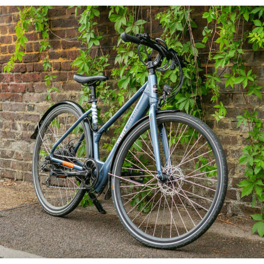 Emu Evo Step Through eBike in navy on stand in pathway