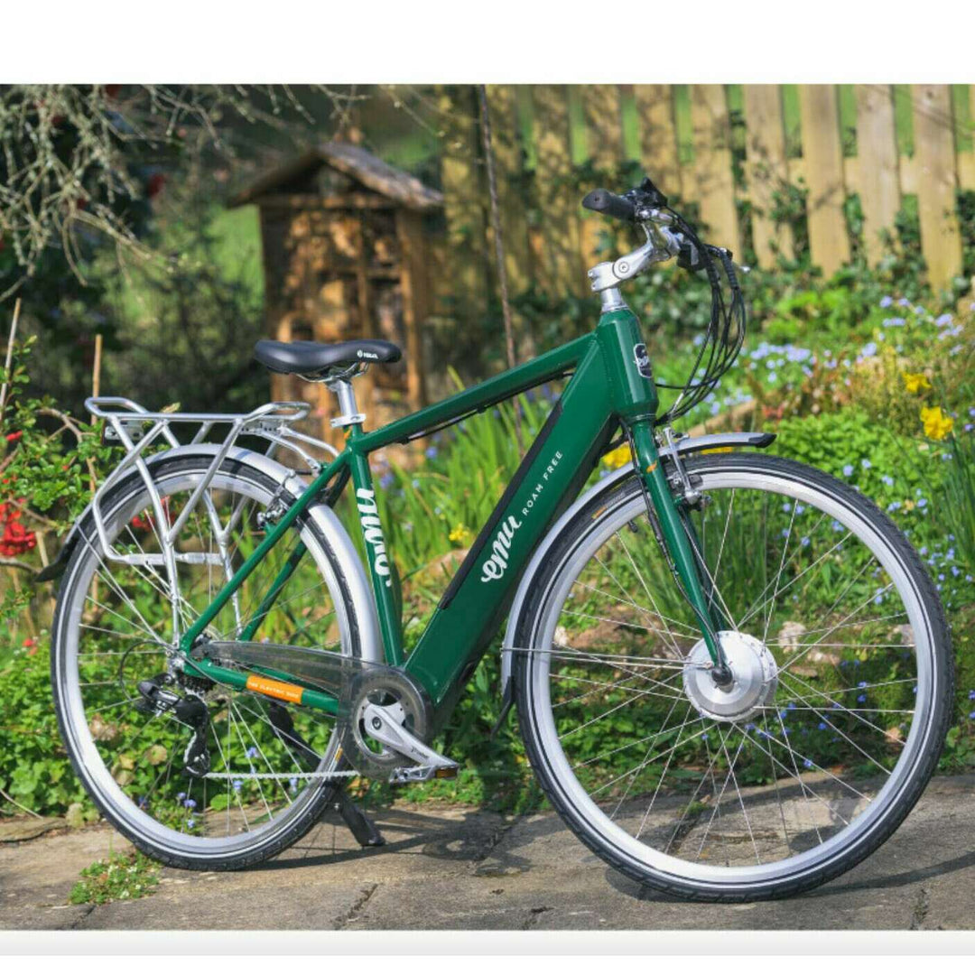 Emu Roam Crossbar eBike in green on bicycle stand on pathway