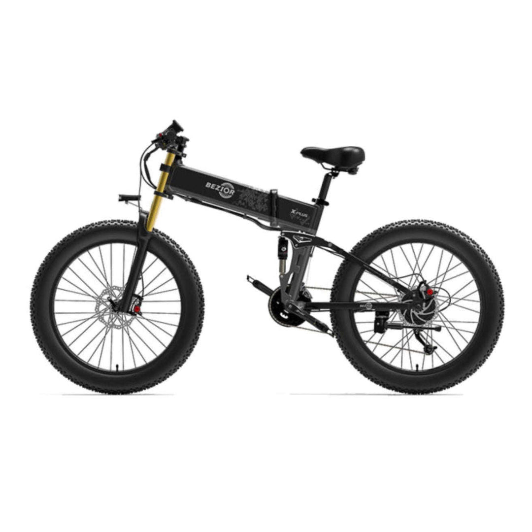 BEZIOR X plus electric mountain bike in black and grey