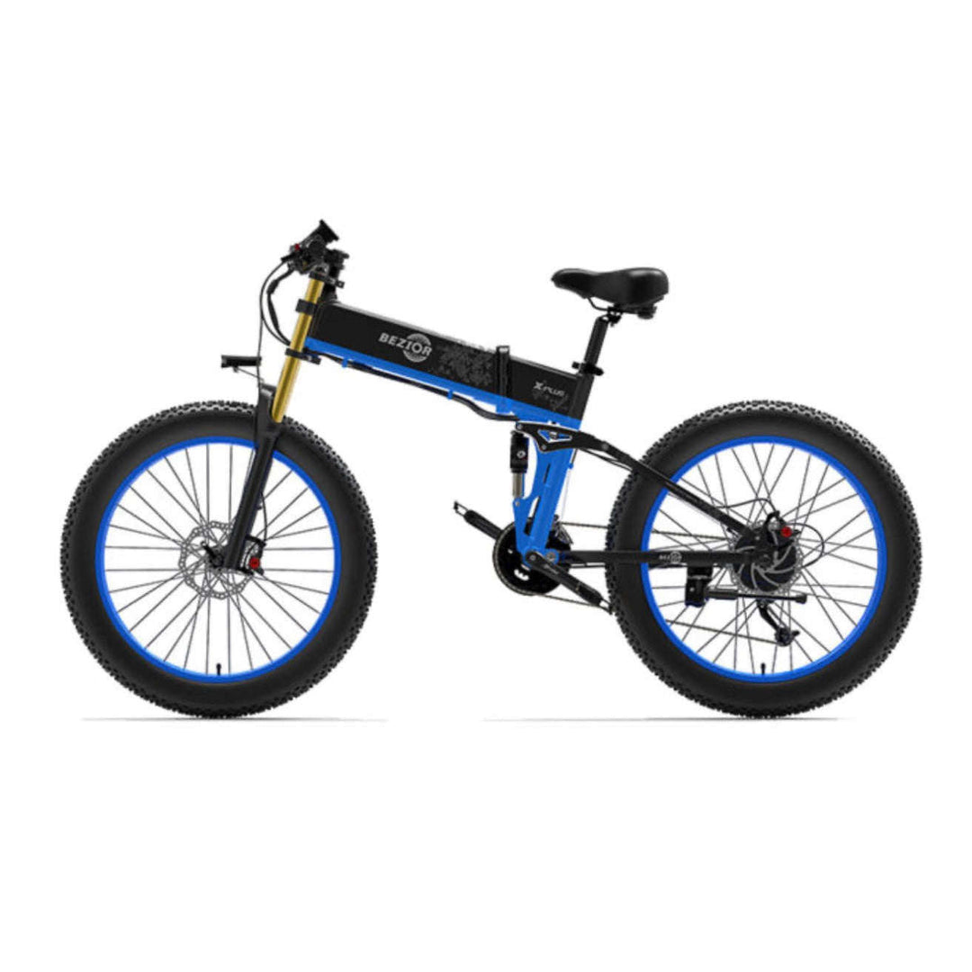 BEZIOR X plus electric mountain bike in black and blue