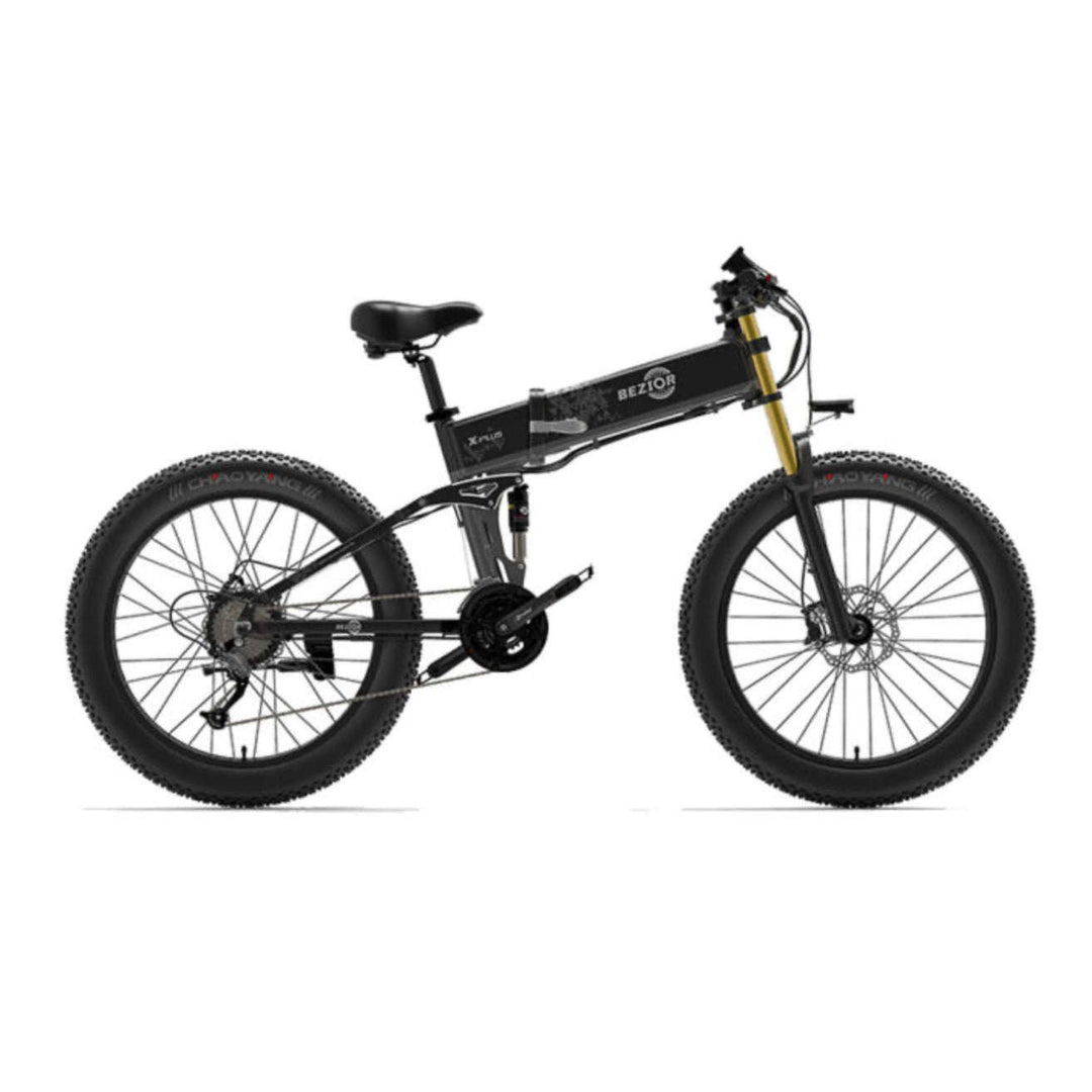 BEZIOR X plus electric mountain bike in black and grey with spoke wheels