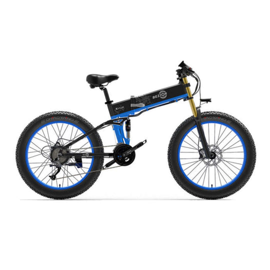 BEZIOR X plus electric mountain bike in black and blue with spoke wheels
