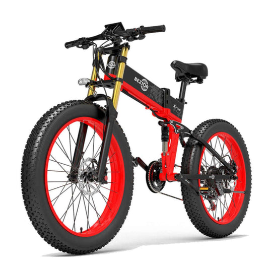 BEZIOR X plus electric mountain bike in black and red with spoke wheels