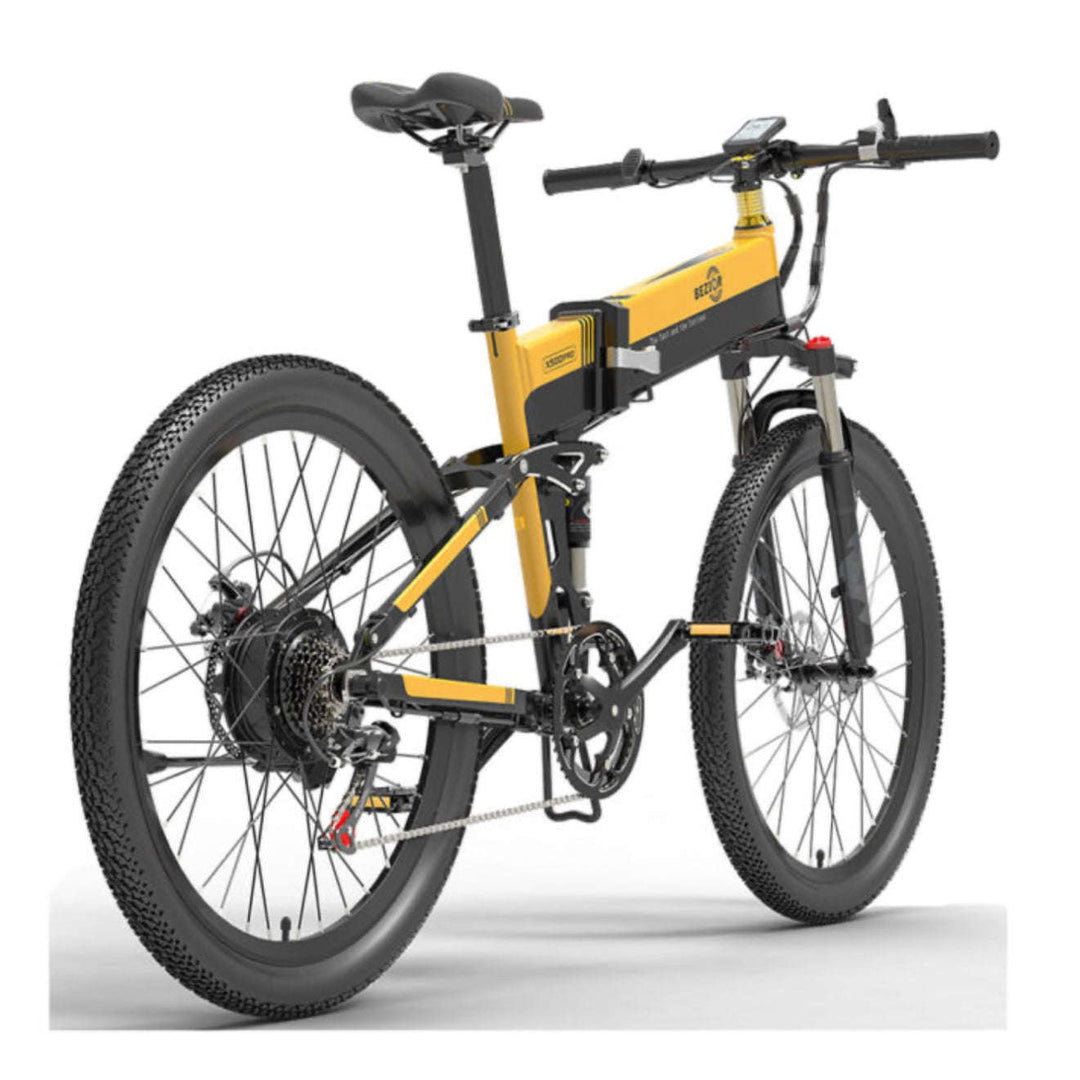 BEZIOR X500 pro electric mountain bike with spoke wheels in yellow and black