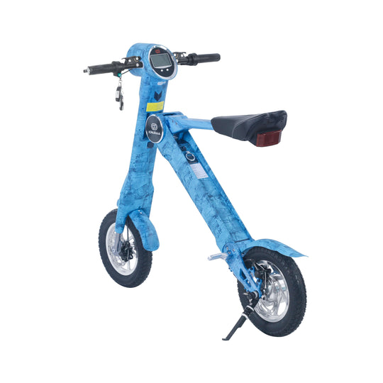 Cruzaa limited edition e-scooter in denim blue on stand