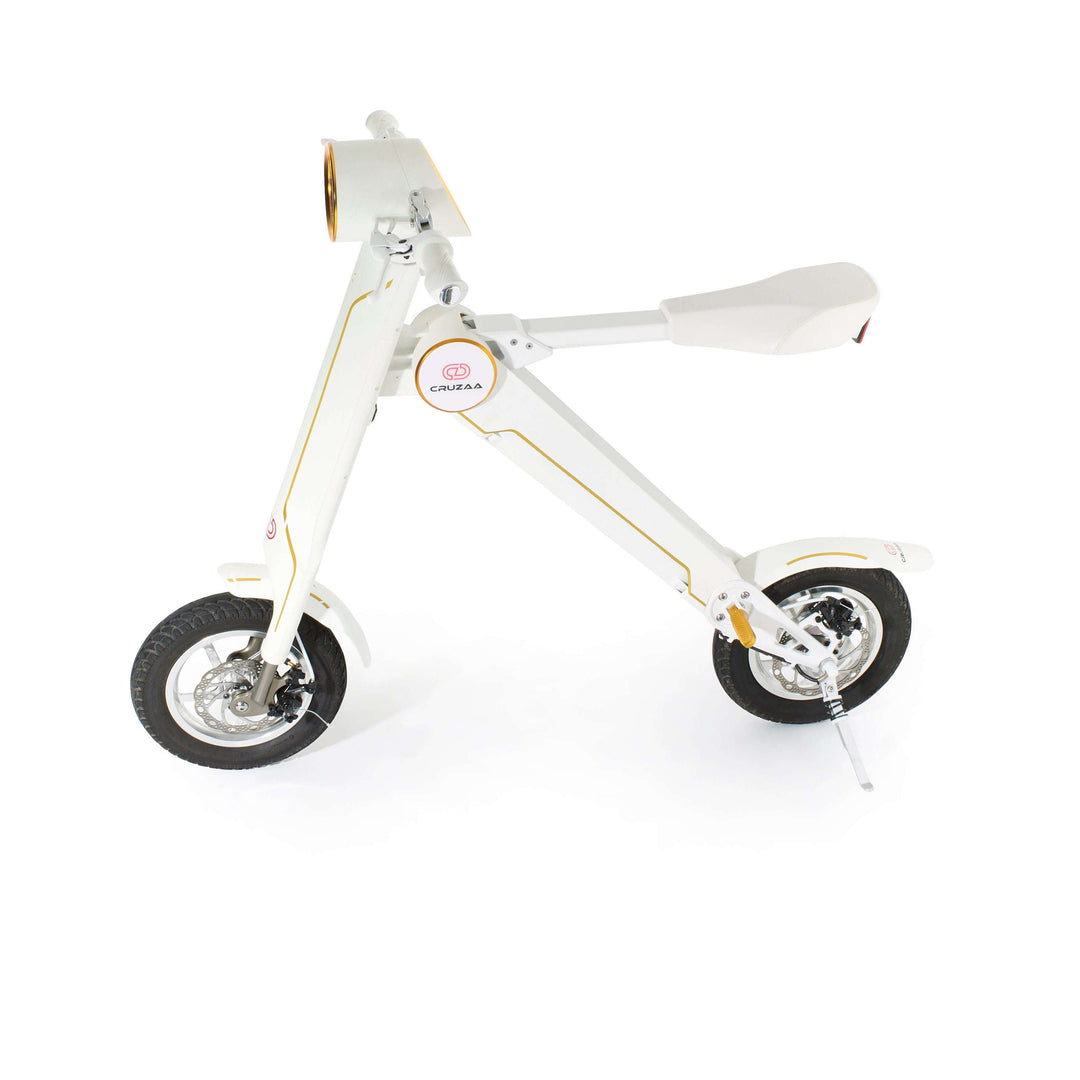 Cruzaa sit-down electric scooter white on stand