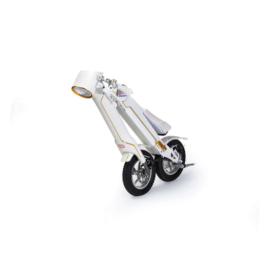 Cruzaa sit-down electric scooter folded up in white