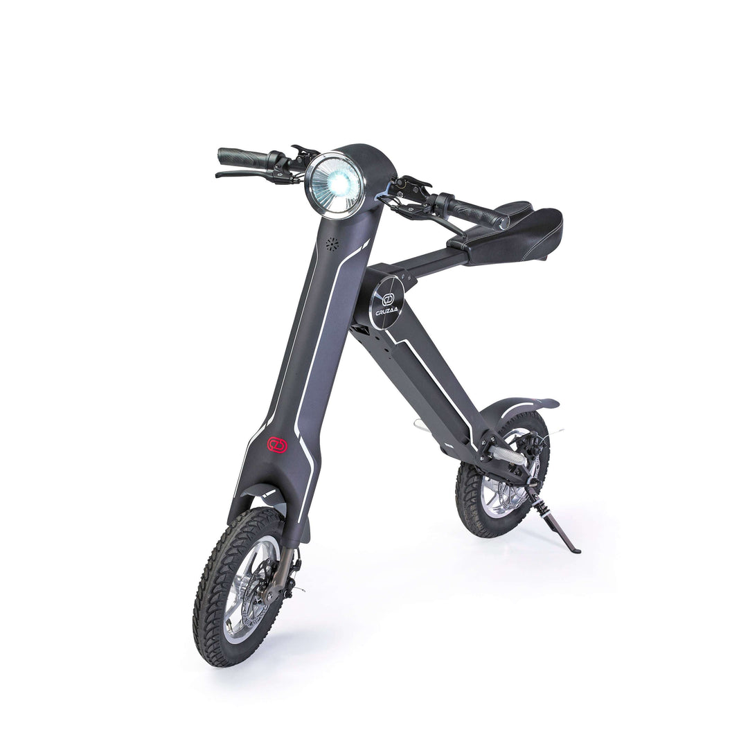 Cruzaa sit-down electric scooter in carbon black on stand