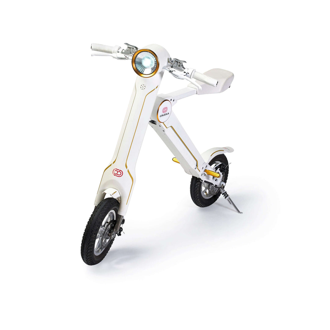 Cruzaa sit-down electric scooter pro in white on stand