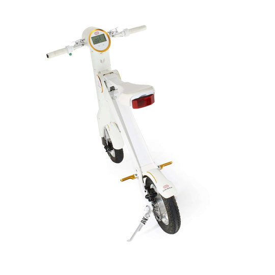 Cruzaa sit-down electric scooter pro on stand in racing white